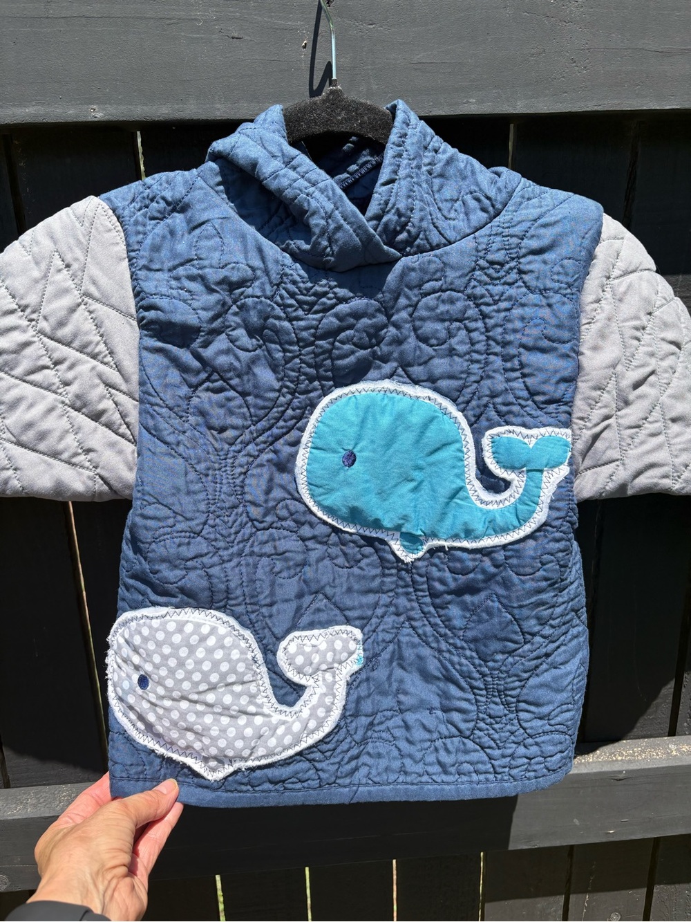 Kids Quilted Whale Appliqué Hoodie - Blue & Gray, 2t/3t